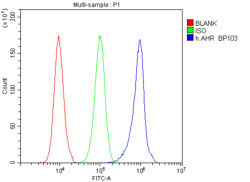 Flow Cytometry analysis of U87 cells using anti-AHR antibody (A00225-2). Overlay histogram showing U87 cells stained with A00225-2 (Blue line).The cells were blocked with 10% normal goat serum. And then incubated with rabbit anti-AHR Antibody (A00225-2,1μg/1x106 cells) for 30 min at 20°C. DyLight®488 conjugated goat anti-rabbit IgG (BA1127, 5-10μg/1x106 cells) was used as secondary antibody for 30 minutes at 20°C. Isotype control antibody (Green line) was rabbit IgG (1μg/1x106) used under the same conditions. Unlabelled sample (Red line) was also used as a control.