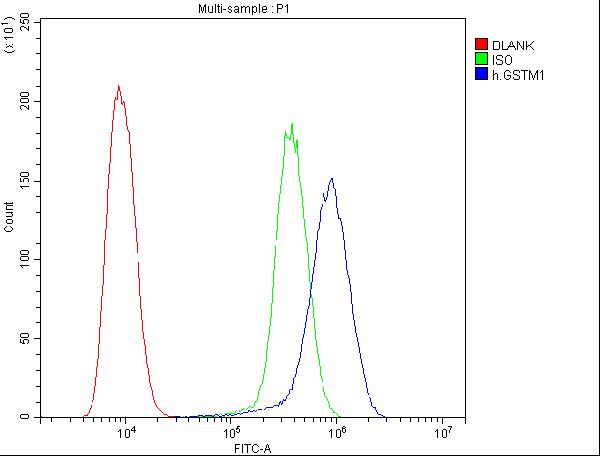 Flow Cytometry analysis of U20S cells using anti-GSTM1 antibody (M00569). Overlay histogram showing U20S cells stained with M00569 (Blue line).The cells were blocked with 10% normal goat serum. And then incubated with mouse anti-GSTM1 Antibody (M00569,1μg/1x106 cells) for 30 min at 20°C. DyLight®488 conjugated goat anti-mouse IgG (BA1126, 5-10μg/1x106 cells) was used as secondary antibody for 30 minutes at 20°C. Isotype control antibody (Green line) was mouse IgG (1μg/1x106) used under the same conditions. Unlabelled sample (Red line) was also used as a control.