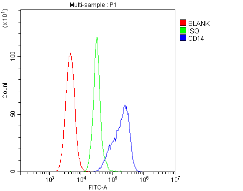 Flow Cytometry analysis of mouse PBMC cells using anti-CD14 antibody (A00137). Overlay histogram showing mouse PBMC cells stained with A00137 (Blue line).The cells were blocked with 10% normal goat serum. And then incubated with rabbit anti-CD14 Antibody (A00137,1μg/1x106 cells) for 30 min at 20°C. DyLight®488 conjugated goat anti-rabbit IgG (BA1127, 5-10μg/1x106 cells) was used as secondary antibody for 30 minutes at 20°C. Isotype control antibody (Green line) was rabbit IgG (1μg/1x106) used under the same conditions. Unlabelled sample (Red line) was also used as a control.