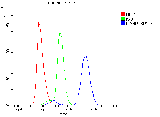 Flow Cytometry analysis of U937 cells using anti-AHR antibody (A00225-2). Overlay histogram showing U937 cells stained with A00225-2 (Blue line).The cells were blocked with 10% normal goat serum. And then incubated with rabbit anti-AHR Antibody (A00225-2,1μg/1x106 cells) for 30 min at 20°C. DyLight®488 conjugated goat anti-rabbit IgG (BA1127, 5-10μg/1x106 cells) was used as secondary antibody for 30 minutes at 20°C. Isotype control antibody (Green line) was rabbit IgG (1μg/1x106) used under the same conditions. Unlabelled sample (Red line) was also used as a control.