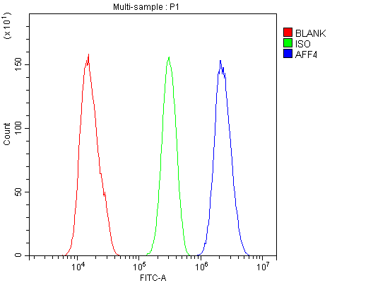 Flow Cytometry analysis of SiHa cells using anti-AFF4 antibody (A03824). Overlay histogram showing SiHa cells stained with A03824 (Blue line).The cells were blocked with 10% normal goat serum. And then incubated with rabbit anti-AFF4 Antibody (A03824,1μg/1x106 cells) for 30 min at 20°C. DyLight®488 conjugated goat anti-rabbit IgG (BA1127, 5-10μg/1x106 cells) was used as secondary antibody for 30 minutes at 20°C. Isotype control antibody (Green line) was rabbit IgG (1μg/1x106) used under the same conditions. Unlabelled sample (Red line) was also used as a control.