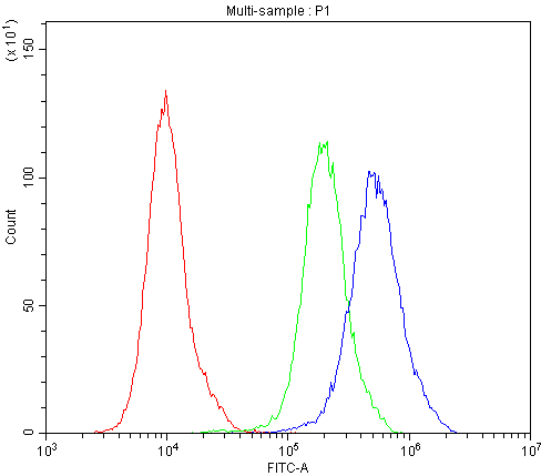 Flow Cytometry analysis of PC-3 cells using anti-BCL2L2 antibody (PA1426-1). Overlay histogram showing PC-3 cells stained with PA1426-1 (Blue line).The cells were blocked with 10% normal goat serum. And then incubated with rabbit anti-BCL2L2 Antibody (PA1426-1,1μg/1x106 cells) for 30 min at 20°C. DyLight®488 conjugated goat anti-rabbit IgG (BA1127, 5-10μg/1x106 cells) was used as secondary antibody for 30 minutes at 20°C. Isotype control antibody (Green line) was rabbit IgG (1μg/1x106) used under the same conditions. Unlabelled sample (Red line) was also used as a control.