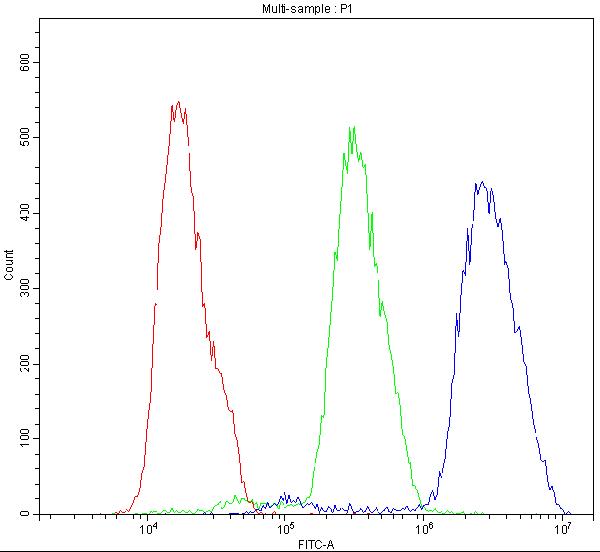 Flow Cytometry analysis of MCF-7 cells using anti-BID antibody (PB9027). Overlay histogram showing MCF-7 cells stained with PB9027 (Blue line).The cells were blocked with 10% normal goat serum. And then incubated with rabbit anti-BID Antibody (PB9027,1μg/1x106 cells) for 30 min at 20°C. DyLight®488 conjugated goat anti-rabbit IgG (BA1127, 5-10μg/1x106 cells) was used as secondary antibody for 30 minutes at 20°C. Isotype control antibody (Green line) was rabbit IgG (1μg/1x106) used under the same conditions. Unlabelled sample (Red line) was also used as a control.