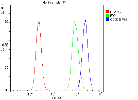 Flow Cytometry analysis of A431 cells using anti-CD20 antibody (PB9050). Overlay histogram showing A431 cells stained with PB9050 (Blue line).The cells were blocked with 10% normal goat serum. And then incubated with rabbit anti-CD20 Antibody (PB9050,1μg/1x106 cells) for 30 min at 20°C. DyLight®488 conjugated goat anti-rabbit IgG (BA1127, 5-10μg/1x106 cells) was used as secondary antibody for 30 minutes at 20°C. Isotype control antibody (Green line) was rabbit IgG (1μg/1x106) used under the same conditions. Unlabelled sample (Red line) was also used as a control.