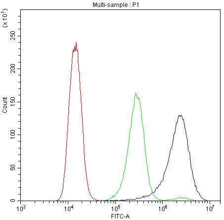 Flow Cytometry analysis of A431 cells using anti-BIK antibody (PB9755). Overlay histogram showing A431 cells stained with PB9755 (Blue line).The cells were blocked with 10% normal goat serum. And then incubated with rabbit anti-BIK Antibody (PB9755,1μg/1x106 cells) for 30 min at 20°C. DyLight®488 conjugated goat anti-rabbit IgG (BA1127, 5-10μg/1x106 cells) was used as secondary antibody for 30 minutes at 20°C. Isotype control antibody (Green line) was rabbit IgG (1μg/1x106) used under the same conditions. Unlabelled sample (Red line) was also used as a control.