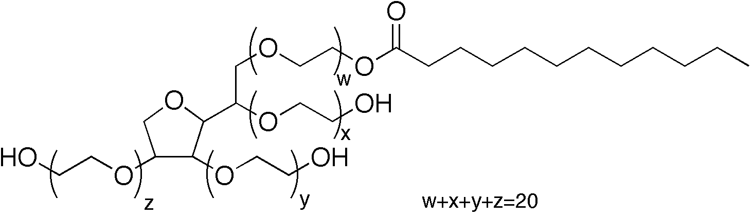 Structural representation of Polysorbate 20 (Tween‑20), showing the sorbitan (sorbitol-derived) backbone with polyoxyethylene chains (totaling ~20 ethylene oxide units across four arms) and a lauric acid fatty acyl ester tail.